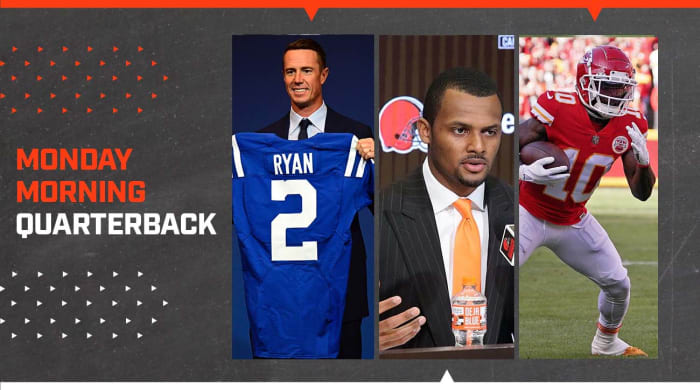 Matt Ryan at introductory Colts press conference; Deshaun Watson at introductory Browns press conference; Tyreek Hill as a Chief